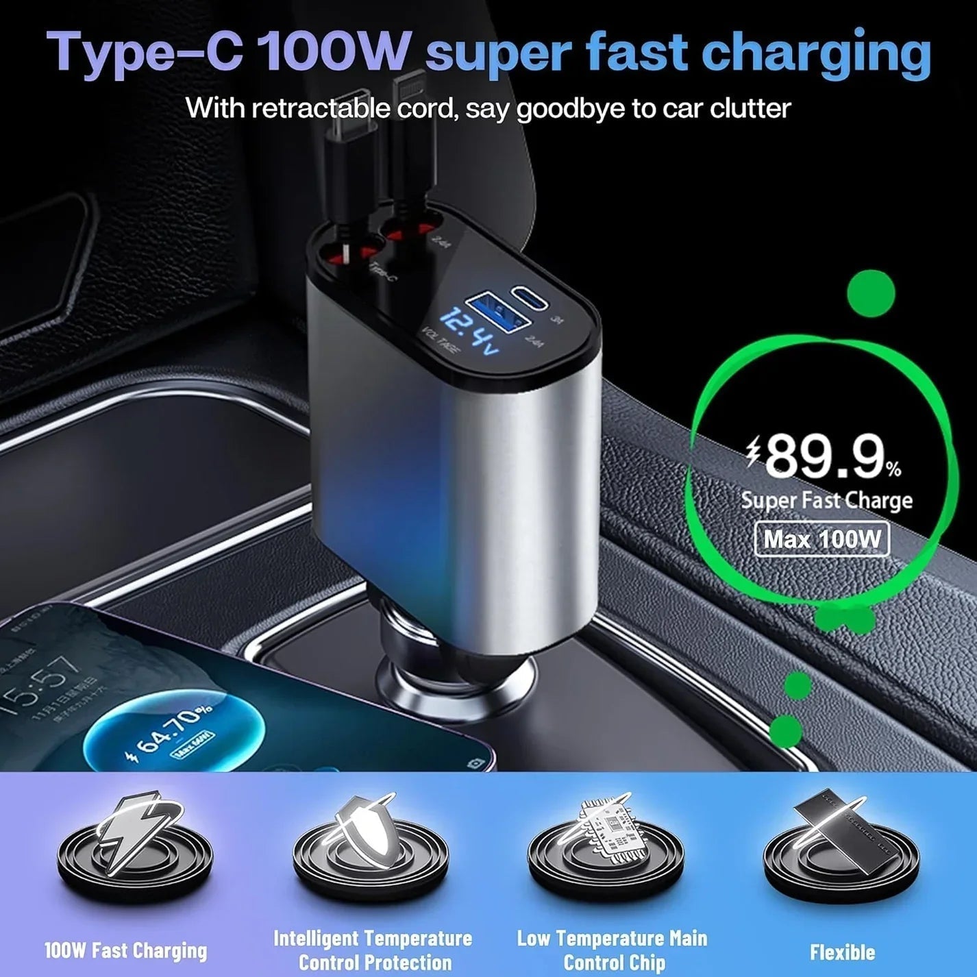 ChargeFlex™ Retractable Superfast Car Charger (31 Inch, 120w)