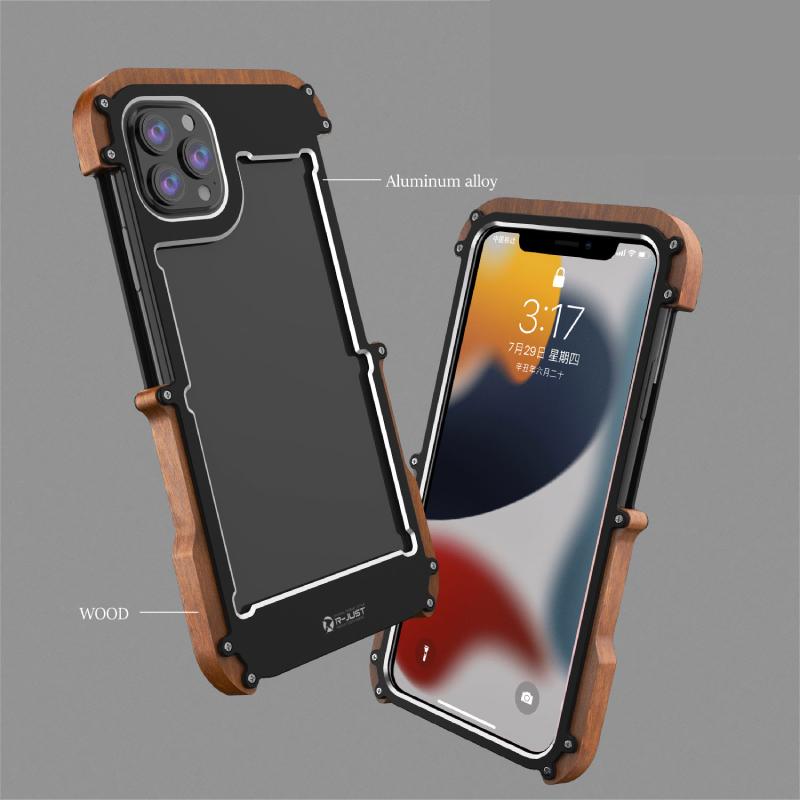 iPhone 13 Series R-Just Aluminium & Natural Wood Anti-shock Bumper Case